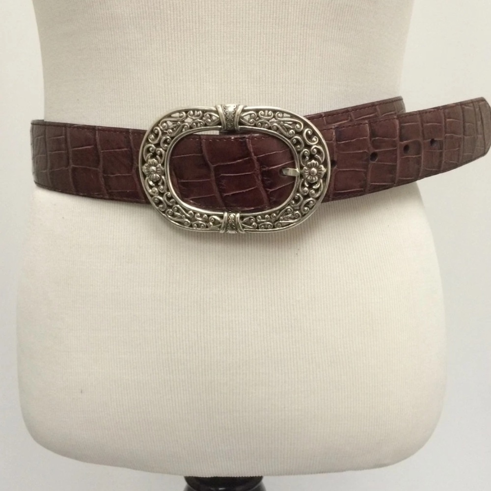 ALLIGATOR CROCODILE BELT Brown Leather Belt Metal Buckle L 37" NEW